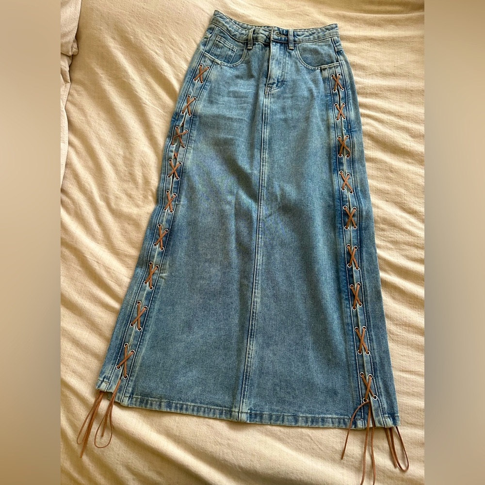 Moon River Denim Maxi Skirt